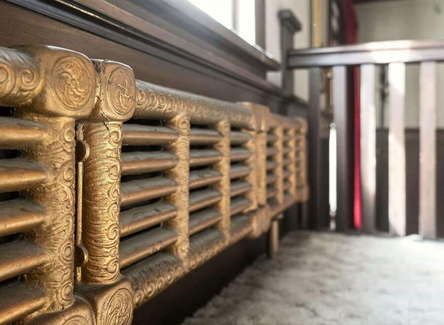 Discover the charm of this historic property, featuring original details like this ornate radiator.