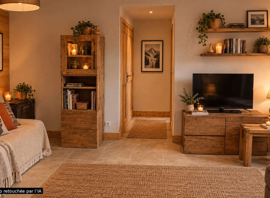 Experience cozy living in this charming room featuring rustic wooden furniture and warm ambient lighting.