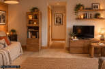 Experience cozy living in this charming room featuring rustic wooden furniture and warm ambient lighting.