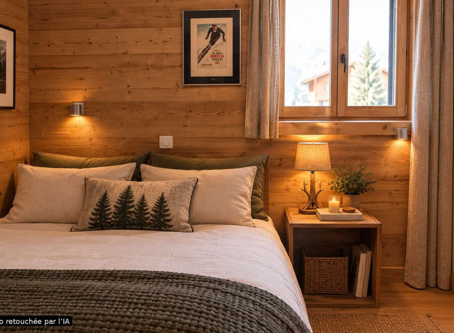 Experience cozy mountain living in this charming bedroom, featuring warm wood paneling and a comfortable bed adorned with plush pillows.