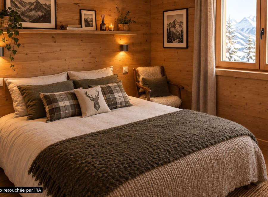 Experience cozy mountain living in this charming bedroom, featuring warm wood paneling and a plush bed adorned with rustic plaid pillows.