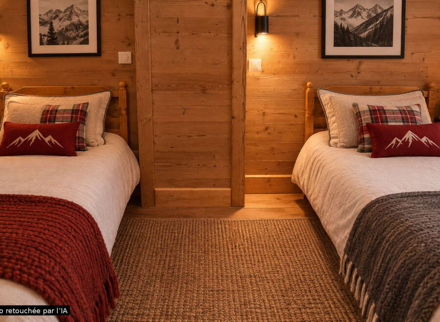 Experience cozy mountain living in this charming bedroom featuring two twin beds adorned with rustic plaid and mountain-themed pillows.