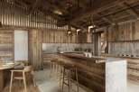 Experience rustic elegance in this stunning kitchen, featuring exquisite wood paneling and a cozy dining area.