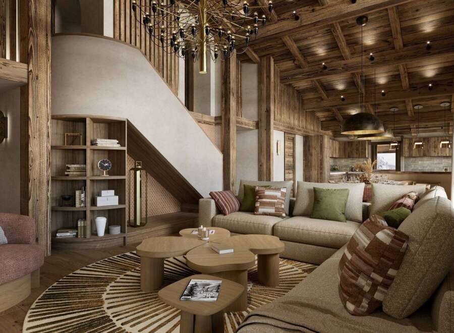 Experience luxury living in this stunning property, featuring exquisite wooden architecture and a cozy ambiance.
