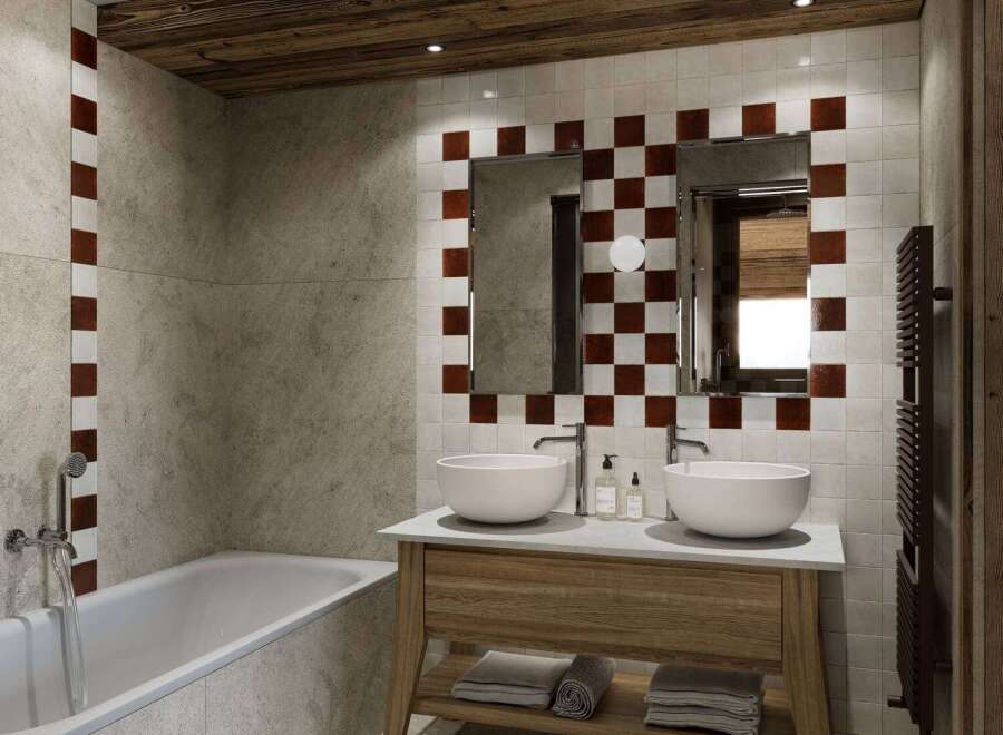 This stunning bathroom boasts a modern design with a rustic touch, perfect for a luxurious living experience.