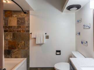 Step into a beautifully designed bathroom featuring a stylish tile shower and a modern vanity.
