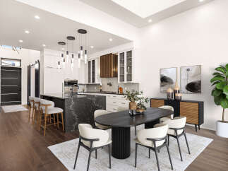 Step into luxury with this stunning modern kitchen and dining area.