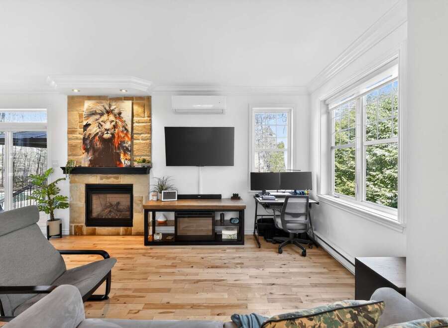 This stunning living room boasts a cozy fireplace adorned with a captivating lion artwork, creating a focal point that exudes warmth and character.