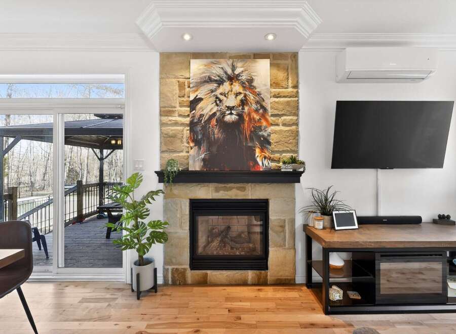 This stunning property boasts a cozy fireplace adorned with a captivating lion artwork, creating a focal point for the living space.