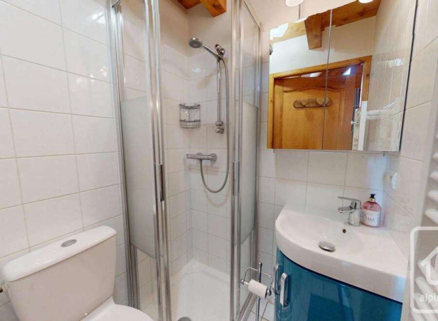 Discover this charming bathroom featuring a modern shower and a stylish sink.
