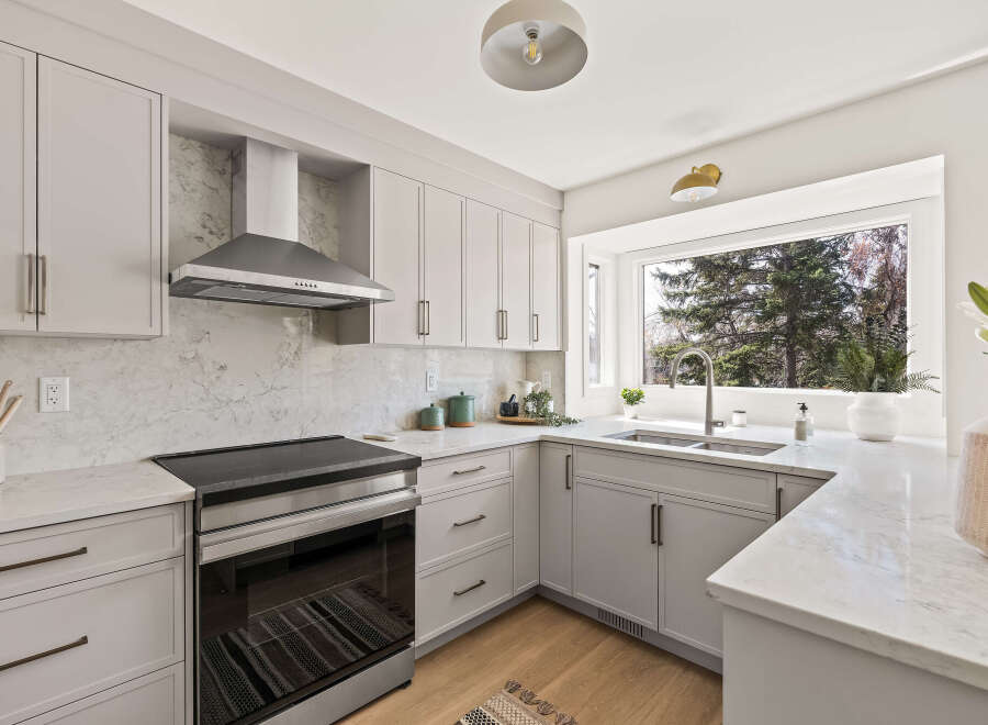This stunning kitchen boasts modern design and functionality.