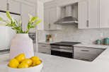 This modern kitchen boasts sleek cabinetry, stainless steel appliances, and a stunning marble backsplash.