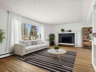 Step into this inviting living space, featuring a cozy fireplace and a stylish rug.
