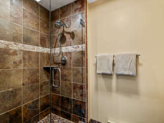 Step into a luxurious bathroom featuring a stunning tiled shower.