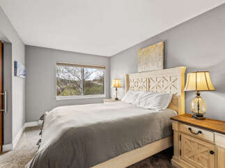 This cozy bedroom features a comfortable bed with a stylish headboard and a neutral color palette.