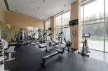This modern gym offers a variety of workout equipment, including treadmills, ellipticals, and free weights.