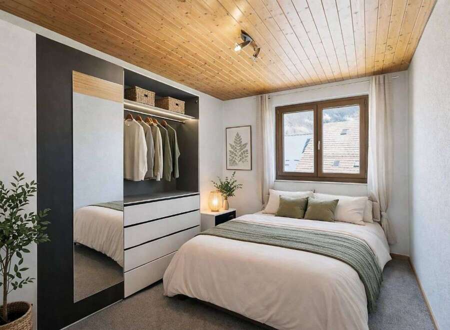Discover the charm of this cozy bedroom, featuring a stylish wardrobe with ample storage and a full-length mirror.