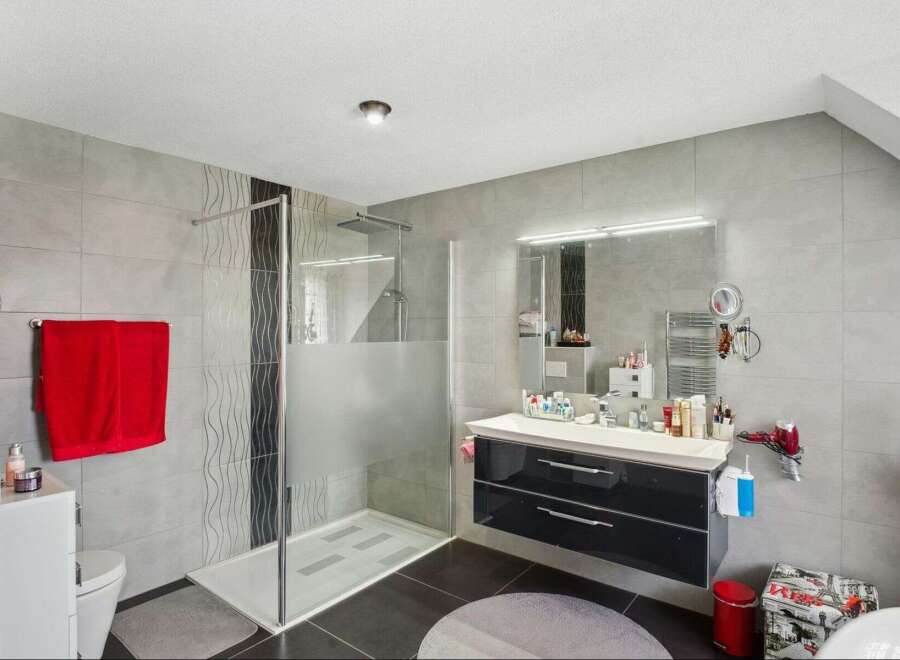 Step into this modern bathroom, featuring a sleek shower enclosure and stylish vanity.