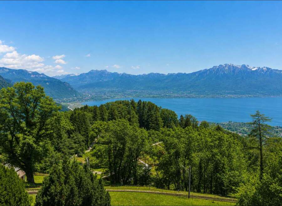 Experience breathtaking panoramic views of a serene lake and majestic mountains from this stunning property.