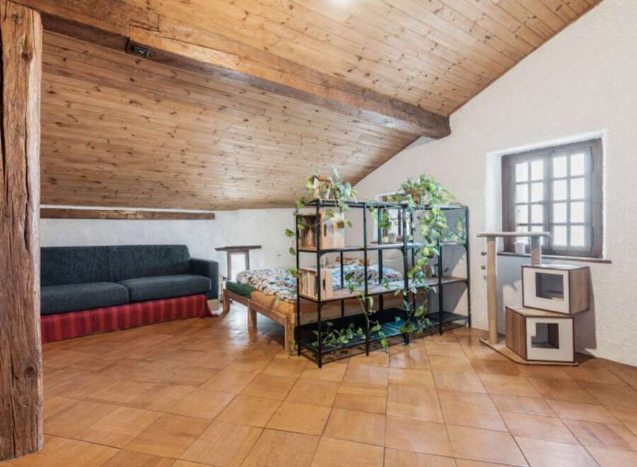Discover this charming attic space featuring a cozy living area with a dark grey sofa and a unique bed setup.