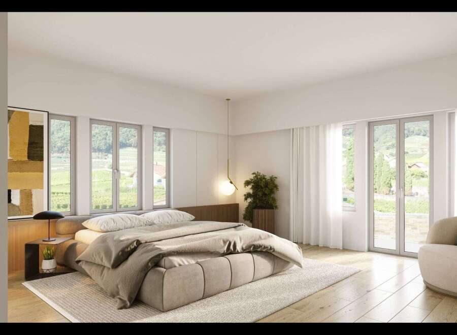 Experience luxury living in this stunning bedroom, featuring a modern design and breathtaking views.