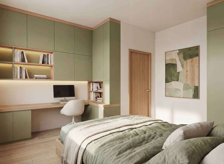 This stunning bedroom features a modern design with a built-in desk and shelving unit, perfect for a home office setup.