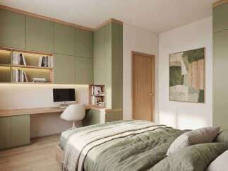 This stunning bedroom features a modern design with a built-in desk and shelving unit, perfect for a home office setup.
