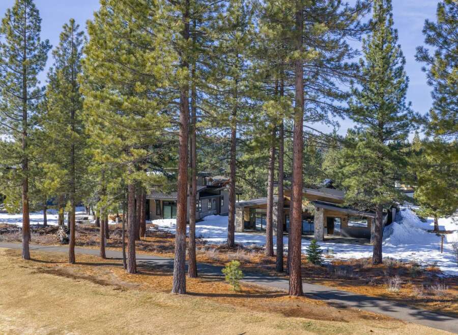 Nestled amidst towering trees, this stunning property offers a serene escape.