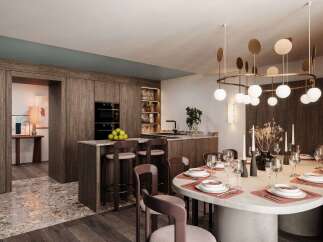Step into luxury with this stunning kitchen and dining area.