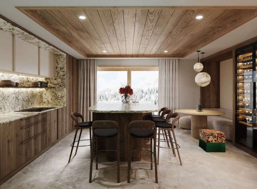 Experience luxury living in this stunning property featuring a modern kitchen with granite countertops and wooden cabinetry.