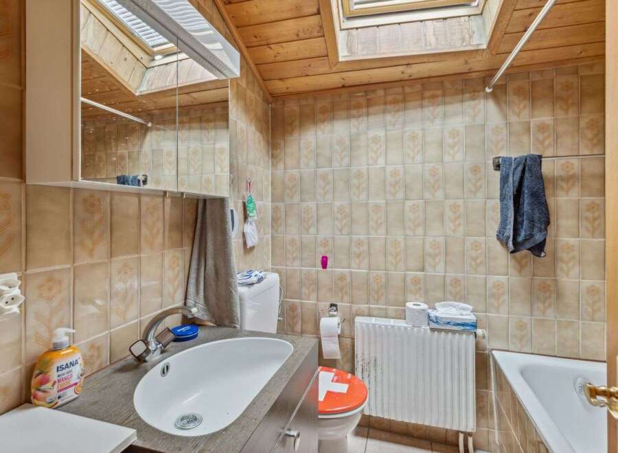 This charming bathroom features a unique design with wooden accents and a skylight, creating a bright and inviting space.