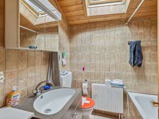 This charming bathroom features a unique design with wooden accents and a skylight, creating a bright and inviting space.