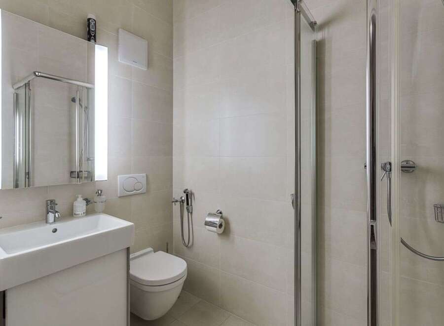 This modern bathroom features a sleek design with a walk-in shower, a stylish sink, and a comfortable toilet.