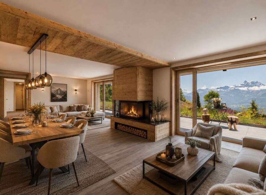 Experience luxury mountain living in this stunning alpine retreat, featuring a modern open-plan living space with a striking wood-clad fireplace and a spacious dining area.