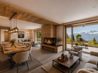 Experience luxury mountain living in this stunning alpine retreat, featuring a modern open-plan living space with a striking wood-clad fireplace and a spacious dining area.