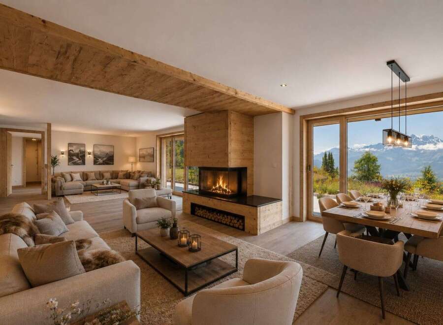 Experience luxury mountain living in this stunning open-concept living and dining area.