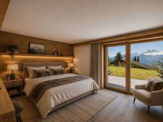 Experience luxury mountain living in this stunning bedroom, featuring a cozy king-sized bed adorned with plush faux fur throws and accent pillows.