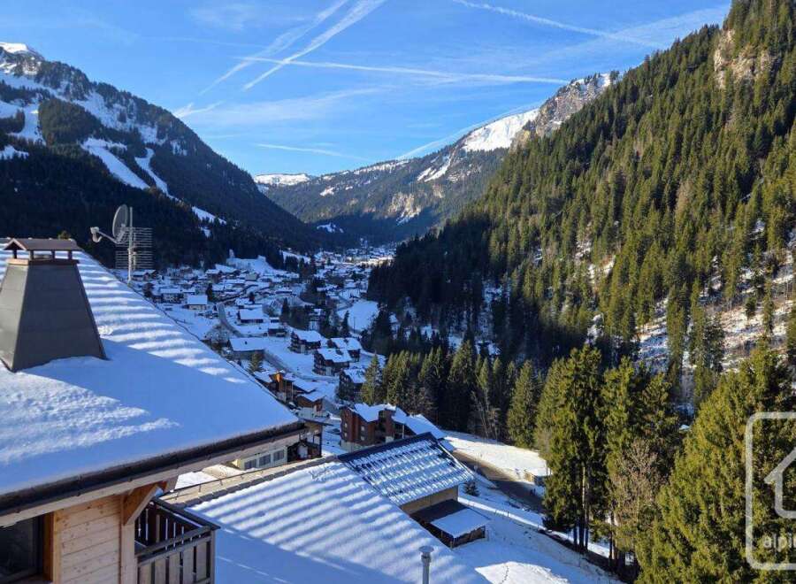 Discover your dream alpine retreat! This stunning property boasts breathtaking mountain views and a charming, snow-covered roof.