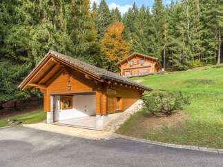 Nestled in a serene, wooded setting, this charming property boasts a beautiful wooden garage and a cozy cabin-style home.