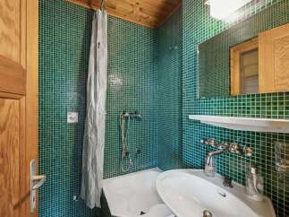 Step into this charming bathroom, featuring a unique green tile design that adds character and style.