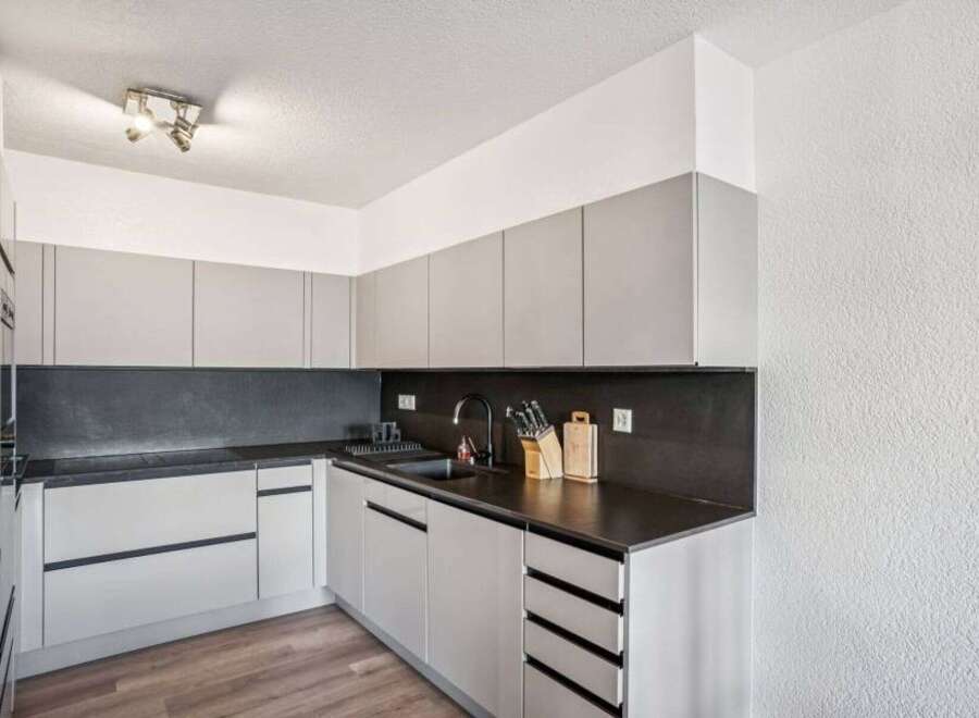 This modern kitchen boasts sleek cabinetry and a dark countertop, creating a stylish and functional space.