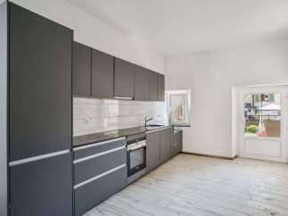 Modern kitchen with sleek gray cabinetry and a minimalist design.