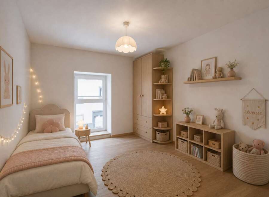 This charming bedroom offers a cozy and inviting atmosphere, perfect for relaxation.
