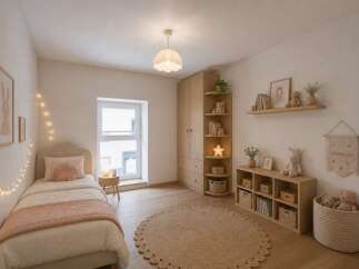 This charming bedroom offers a cozy and inviting atmosphere, perfect for relaxation.