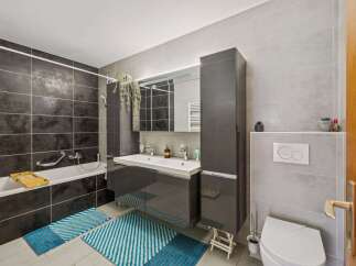 Step into a modern bathroom oasis! This stunning space features sleek gray tiles, a double vanity, and ample storage.
