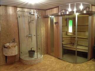 Step into luxury with this spa-like bathroom featuring a modern shower and a relaxing sauna.
