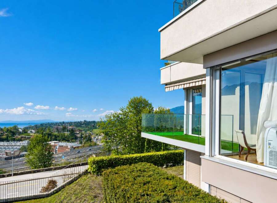 Experience modern living with stunning panoramic views from this property's expansive balconies.