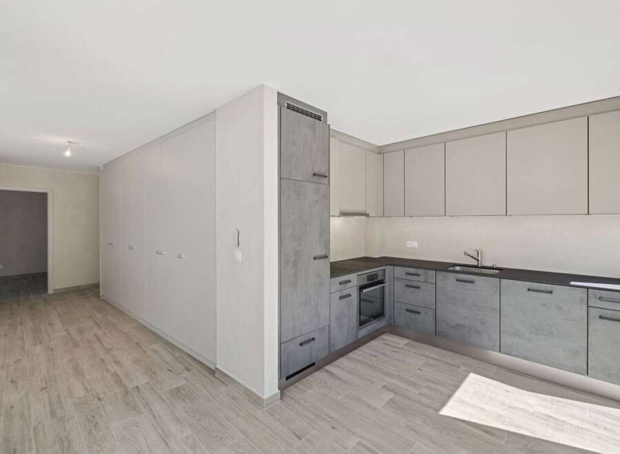 Discover this modern kitchen featuring sleek, grey concrete-look cabinetry and a contrasting light-toned upper cabinet set.