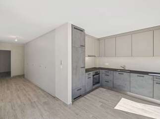 Discover this modern kitchen featuring sleek, grey concrete-look cabinetry and a contrasting light-toned upper cabinet set.