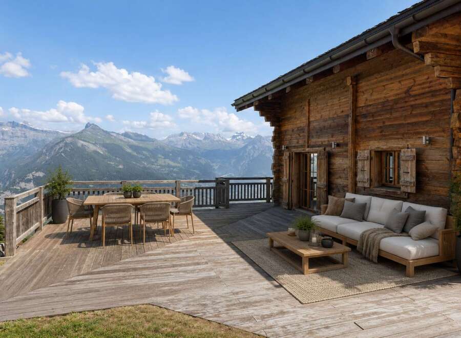 Experience breathtaking mountain views from this stunning wooden chalet's expansive deck.